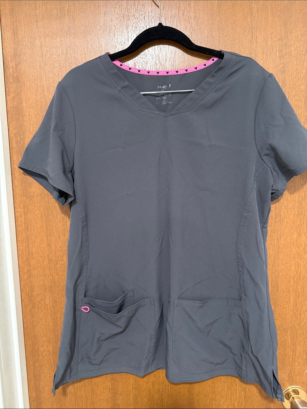 Women's HeartSoul V-Neck Scrub Top in Charcoal with Pink Trim